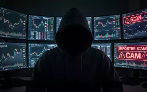 A shadowy figure in a hoodie looking at multiple screens displaying financial data and scam warnings, symbolizing imposter scams. - Foto: über boerse-global.de