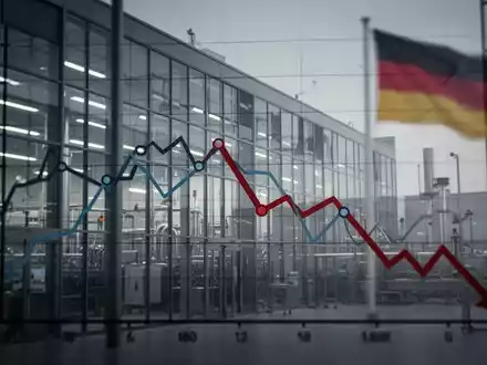 Eine moderne Pharmafabrik, teilweise verdeckt von einem fallenden Diagramm, mit verschwommener deutscher Flagge im Hintergrund. - Foto: über boerse-global.de