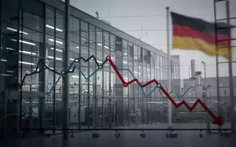 Eine moderne Pharmafabrik, teilweise verdeckt von einem fallenden Diagramm, mit verschwommener deutscher Flagge im Hintergrund. - Foto: über boerse-global.de