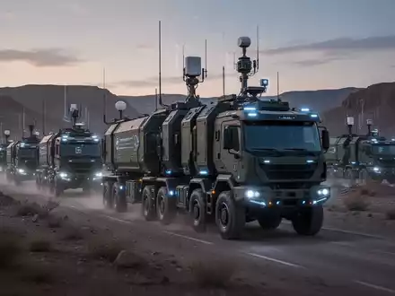 Unmanned military trucks in a convoy driving through a desert landscape at dusk, showcasing advanced logistics and autonomy. - Foto: über boerse-global.de
