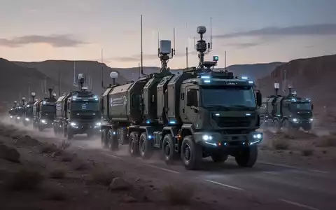 Unmanned military trucks in a convoy driving through a desert landscape at dusk, showcasing advanced logistics and autonomy. - Foto: über boerse-global.de