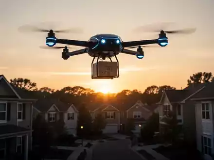 A sleek delivery drone flies over a quiet residential area at dusk, carrying a package. The scene highlights the challenges of integrating drone technology into urban environments. - Foto: über boerse-global.de