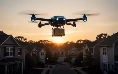 A sleek delivery drone flies over a quiet residential area at dusk, carrying a package. The scene highlights the challenges of integrating drone technology into urban environments. - Foto: über boerse-global.de