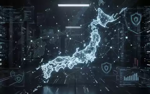 A glowing, abstract neural network pattern overlaid on a subtle map of Japan, representing AI cybersecurity protecting national infrastructure. - Foto: über boerse-global.de