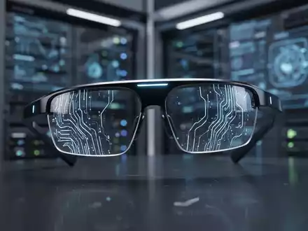 Nahaufnahme einer intelligenten Brille mit subtilen Lichteffekten, die Daten und Gesichtserkennung symbolisieren, im Hintergrund eine verschwommene Serverlandschaft. - Foto: über boerse-global.de