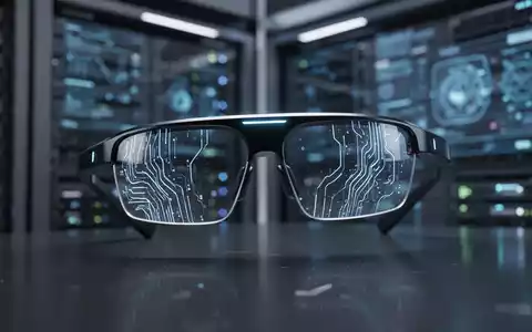 Nahaufnahme einer intelligenten Brille mit subtilen Lichteffekten, die Daten und Gesichtserkennung symbolisieren, im Hintergrund eine verschwommene Serverlandschaft. - Foto: über boerse-global.de