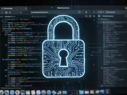 A glowing digital padlock icon with circuit patterns, overlaid on a blurred macOS desktop displaying code and browser windows. - Foto: über boerse-global.de