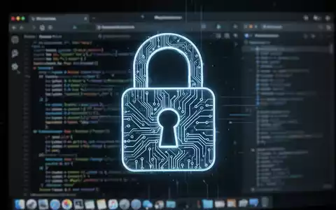 A glowing digital padlock icon with circuit patterns, overlaid on a blurred macOS desktop displaying code and browser windows. - Foto: über boerse-global.de