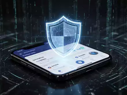 A glowing digital shield icon protecting a banking app on a smartphone screen, symbolizing mobile security against cyber threats. - Foto: über boerse-global.de