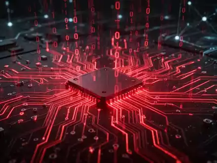 A glowing red circuit board with binary code flowing over it, symbolizing cyber espionage and data theft. - Foto: über boerse-global.de