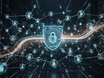 Abstrakte Darstellung von digitaler Sicherheit mit leuchtenden Datenströmen und verbundenen Knotenpunkten, die Schutz symbolisieren. - Foto: über boerse-global.de