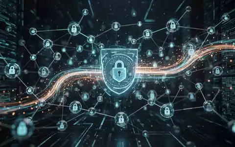 Abstrakte Darstellung von digitaler Sicherheit mit leuchtenden Datenströmen und verbundenen Knotenpunkten, die Schutz symbolisieren. - Foto: über boerse-global.de