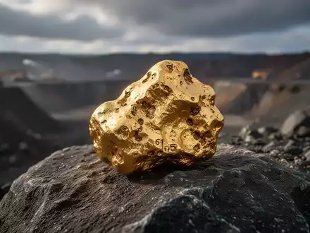 Ein Nahaufnahme eines 61,5 Gramm schweren Goldnuggets auf einem dunklen Felsen mit unscharfer Bergbaulandschaft im Hintergrund. - Foto: über boerse-global.de