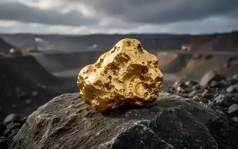 Ein Nahaufnahme eines 61,5 Gramm schweren Goldnuggets auf einem dunklen Felsen mit unscharfer Bergbaulandschaft im Hintergrund. - Foto: über boerse-global.de