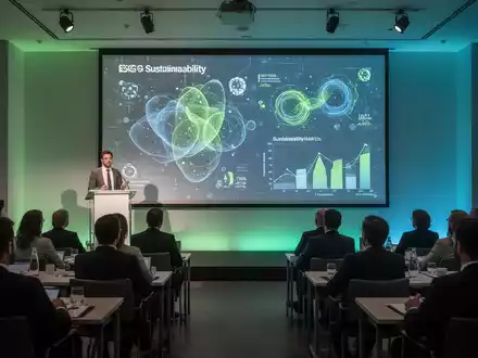 Ein Redner hält einen Vortrag über ESG-Berichterstattung in einem modernen Konferenzraum mit abstrakten Datenvisualisierungen auf einem Bildschirm. - Foto: über boerse-global.de