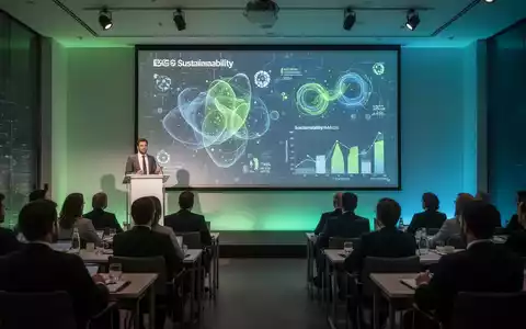Ein Redner hält einen Vortrag über ESG-Berichterstattung in einem modernen Konferenzraum mit abstrakten Datenvisualisierungen auf einem Bildschirm. - Foto: über boerse-global.de