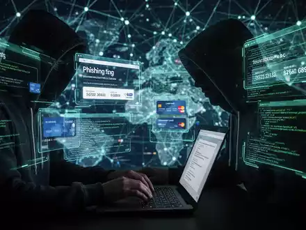 Eine Person im Kapuzenpullover tippt auf einem Laptop, umgeben von holografischen Bildschirmen mit Phishing-Websites und Daten. - Foto: über boerse-global.de