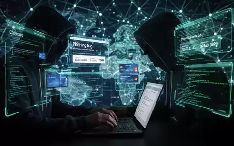 Eine Person im Kapuzenpullover tippt auf einem Laptop, umgeben von holografischen Bildschirmen mit Phishing-Websites und Daten. - Foto: über boerse-global.de