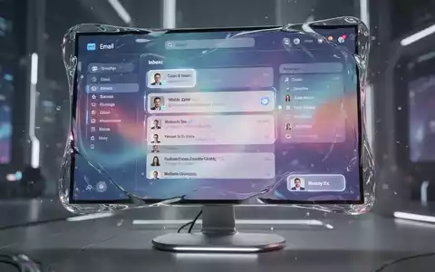 A close-up of a computer screen displaying a modern email application with a 'liquid glass' design, showing glowing, translucent elements. - Foto: über boerse-global.de
