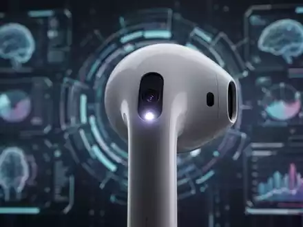 Close-up of a futuristic Apple AirPod with an integrated camera lens on its stem, glowing faintly, against a blurred digital background. - Foto: über boerse-global.de