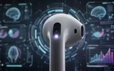 Close-up of a futuristic Apple AirPod with an integrated camera lens on its stem, glowing faintly, against a blurred digital background. - Foto: über boerse-global.de
