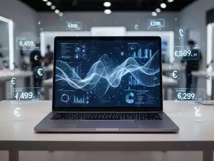 A sleek, modern laptop with a glowing screen displaying data, surrounded by subtle digital price tags and currency symbols, on a minimalist desk. - Foto: über boerse-global.de