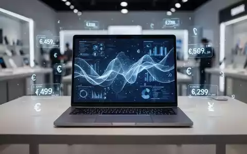 A sleek, modern laptop with a glowing screen displaying data, surrounded by subtle digital price tags and currency symbols, on a minimalist desk. - Foto: über boerse-global.de