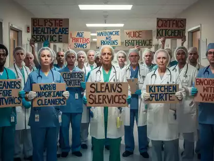 Gesundheitsdienstleister protestieren in einem Krankenhausflur mit Plakaten, um auf ihre Arbeitsbedingungen und die Sparmaßnahmen aufmerksam zu machen. - Foto: über boerse-global.de