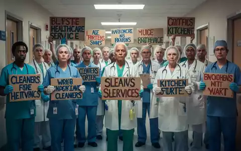 Gesundheitsdienstleister protestieren in einem Krankenhausflur mit Plakaten, um auf ihre Arbeitsbedingungen und die Sparmaßnahmen aufmerksam zu machen. - Foto: über boerse-global.de