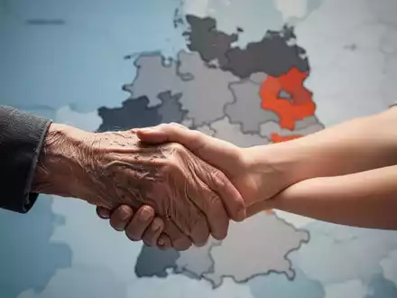 Eine ältere Hand hält sanft eine jüngere Hand, mit einer unscharfen Deutschlandkarte im Hintergrund, die regionale Unterschiede zeigt. - Foto: über boerse-global.de