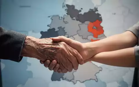 Eine ältere Hand hält sanft eine jüngere Hand, mit einer unscharfen Deutschlandkarte im Hintergrund, die regionale Unterschiede zeigt. - Foto: über boerse-global.de