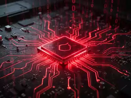 A glowing red circuit board with subtle binary code in the background, symbolizing a hidden digital threat or malware backdoor. - Foto: über boerse-global.de