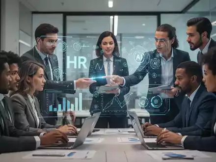 Eine vielfältige Gruppe von Geschäftsleuten arbeitet in einem modernen Büro zusammen, wobei eine Person auf ein holografisches HR-Interface zeigt. - Foto: über boerse-global.de