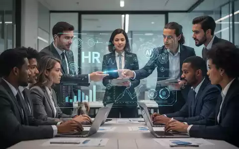 Eine vielfältige Gruppe von Geschäftsleuten arbeitet in einem modernen Büro zusammen, wobei eine Person auf ein holografisches HR-Interface zeigt. - Foto: über boerse-global.de