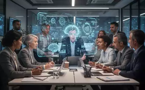 Eine vielfältige Gruppe von Fachkräften in einem modernen Büro arbeitet zusammen, wobei eine Person mit einer holografischen Schnittstelle interagiert. - Foto: über boerse-global.de