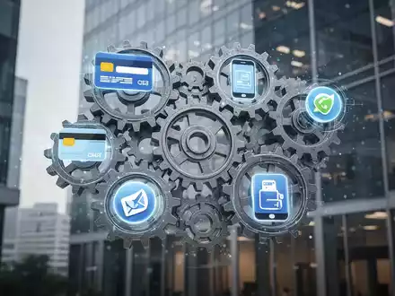 Intertwined gears and digital payment icons against a blurred corporate office, symbolizing PayPal's restructuring and digital expansion. - Foto: über boerse-global.de