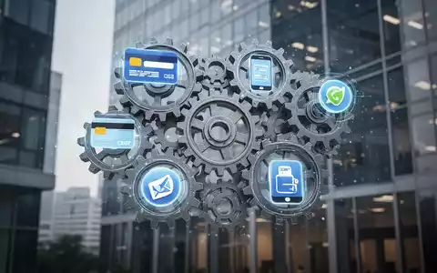 Intertwined gears and digital payment icons against a blurred corporate office, symbolizing PayPal's restructuring and digital expansion. - Foto: über boerse-global.de