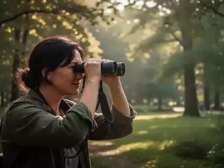 Eine Person beobachtet Vögel mit einem Fernglas in einer ruhigen, sonnigen Naturlandschaft, die Ruhe und Achtsamkeit ausstrahlt. - Foto: über boerse-global.de