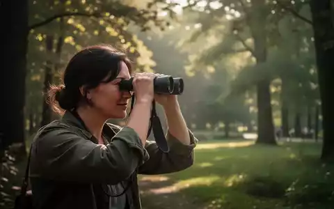 Eine Person beobachtet Vögel mit einem Fernglas in einer ruhigen, sonnigen Naturlandschaft, die Ruhe und Achtsamkeit ausstrahlt. - Foto: über boerse-global.de