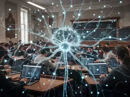 Ein abstraktes, leuchtendes neuronales Netz überlagert einen Hörsaal mit Studierenden, die Laptops benutzen, symbolisiert KI in der Bildung. - Foto: über boerse-global.de
