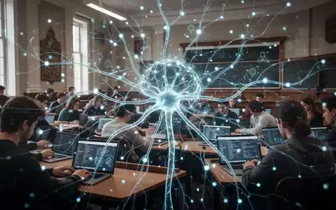 Ein abstraktes, leuchtendes neuronales Netz überlagert einen Hörsaal mit Studierenden, die Laptops benutzen, symbolisiert KI in der Bildung. - Foto: über boerse-global.de