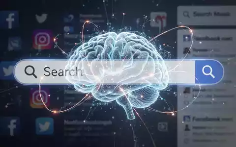 Stylized illustration of intertwined digital brains within a search bar, representing AI integration into search results and social media. - Foto: über boerse-global.de