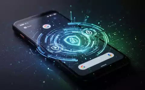 A close-up of a Google Pixel smartphone screen showing a futuristic user interface with glowing privacy and security icons. - Foto: über boerse-global.de