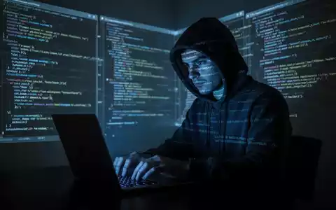 A shadowy figure in a hoodie typing on a laptop, surrounded by glowing lines of code and data projections, symbolizing a data breach. - Foto: über boerse-global.de