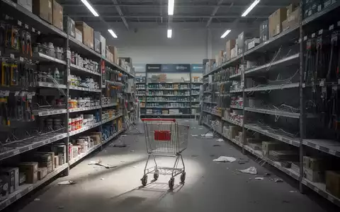 Ein gedämpft beleuchteter Gang in einem Baumarkt mit einigen leeren Regalen, einem Einkaufswagen im Vordergrund, der Unsicherheit andeutet. - Foto: über boerse-global.de