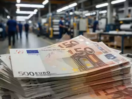 Ein Stapel deutscher Euro-Banknoten, teilweise unscharf, mit dem verschwommenen Hintergrund einer Fabrikhalle. - Foto: über boerse-global.de