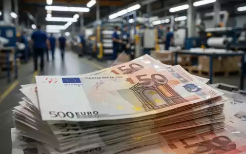 Ein Stapel deutscher Euro-Banknoten, teilweise unscharf, mit dem verschwommenen Hintergrund einer Fabrikhalle. - Foto: über boerse-global.de