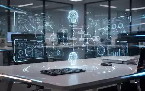 Ein futuristischer Büroschreibtisch mit holografischen Projektionen von Daten und KI-Schnittstellen, die Automatisierung symbolisieren. - Foto: über boerse-global.de