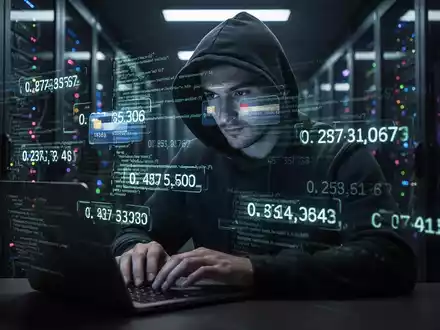 Eine Person mit Kapuzenpullover tippt auf einem Laptop, umgeben von schwebenden Kreditkartennummern und Codezeilen. - Foto: über boerse-global.de