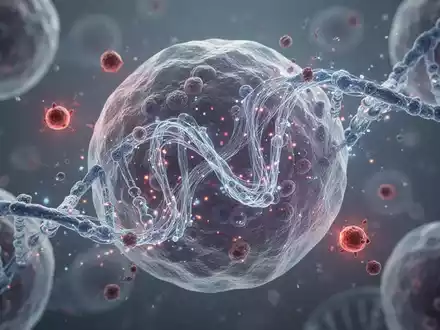 Nahaufnahme von leuchtenden, komplexen DNA- und RNA-Strukturen (R-Loops) in einer Zelle, umgeben von Entzündungsmarkern. - Foto: über boerse-global.de